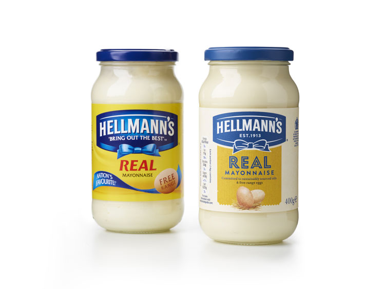 Hellmann 的品牌包裝設計，藍絲帶標志，手繪字體
