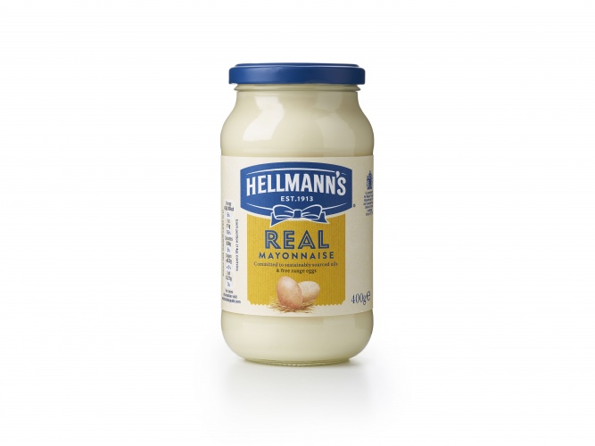 Hellmann 的品牌包裝設計，藍絲帶標志，手繪字體